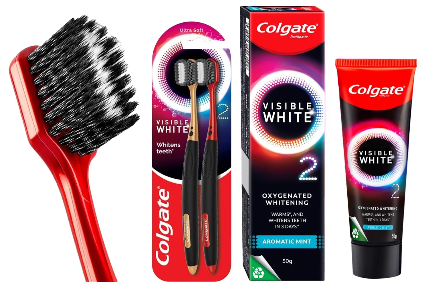 Colgate Visible White O2 Manual Toothbrush- 2 Pcs & Colgate Visible White O2, Teeth Whitening Toothpaste, Aromatic Mint, 50g COMBO – view 1