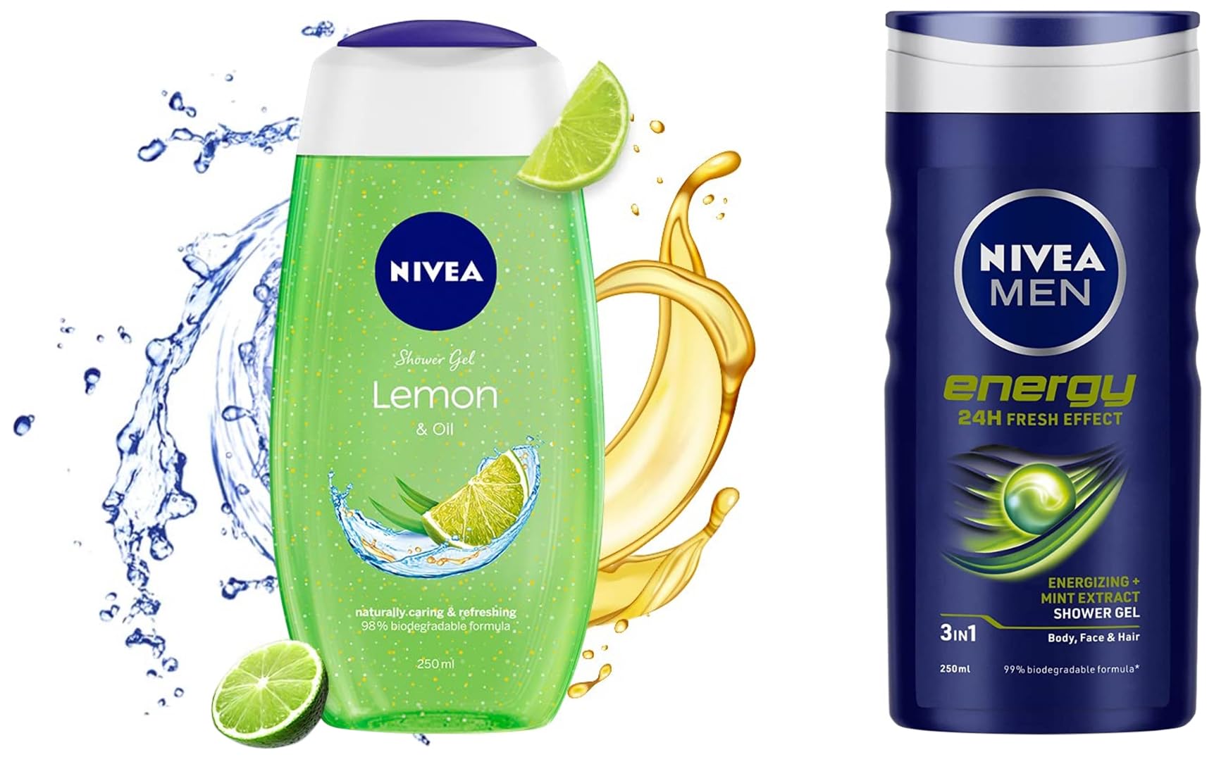 Nivea lemon and men energy shower gel bottles