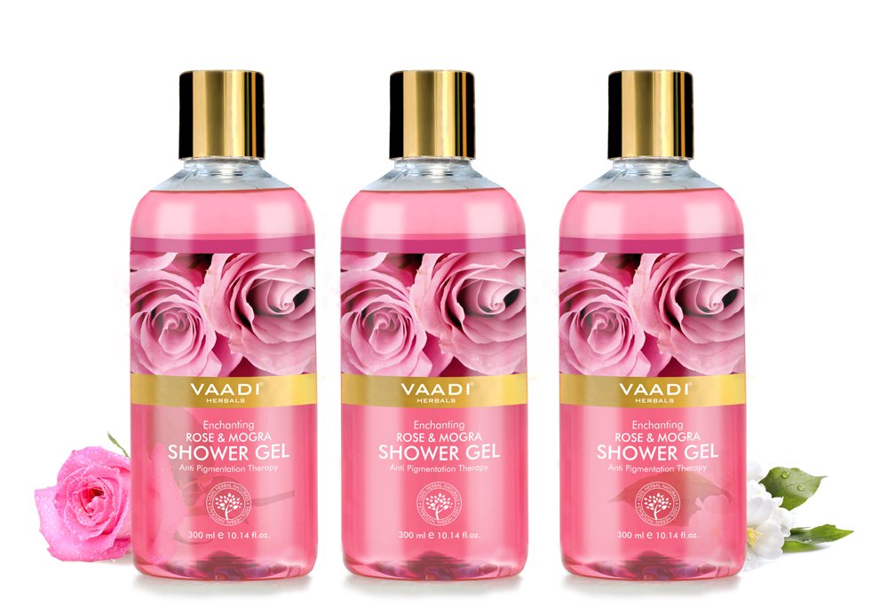 Three-pack of Vaadi Herbals rose and mogra shower gel