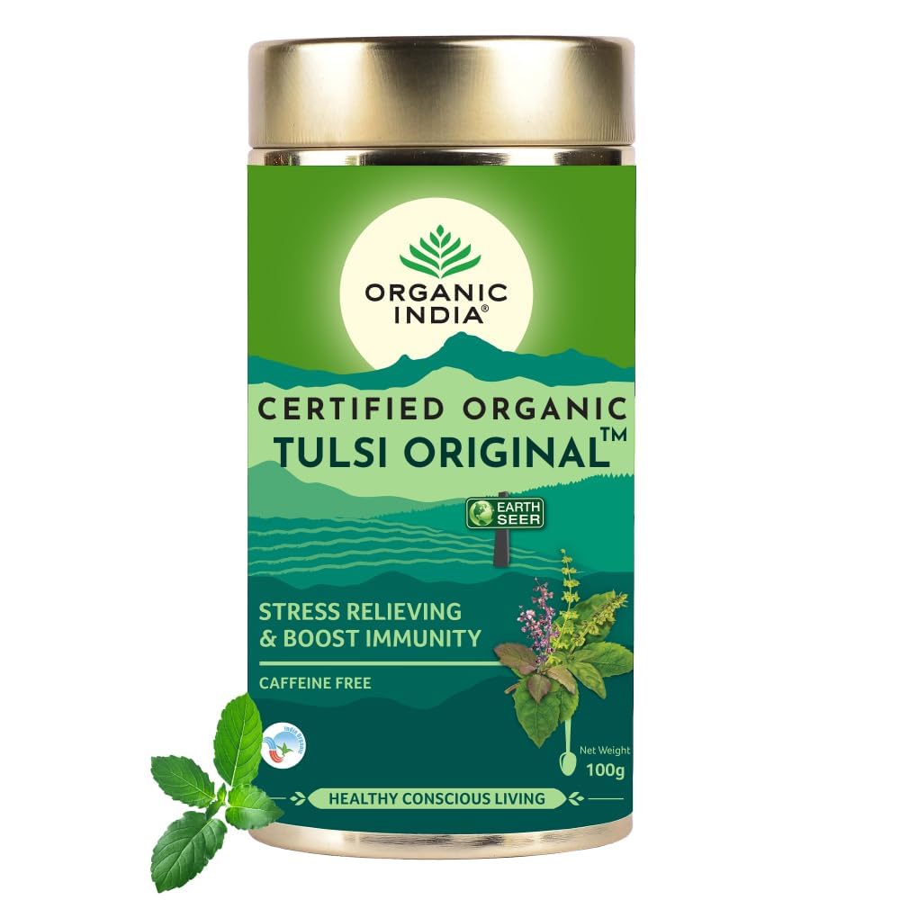 Front view of Organic India Tulsi Original herbal tea tin