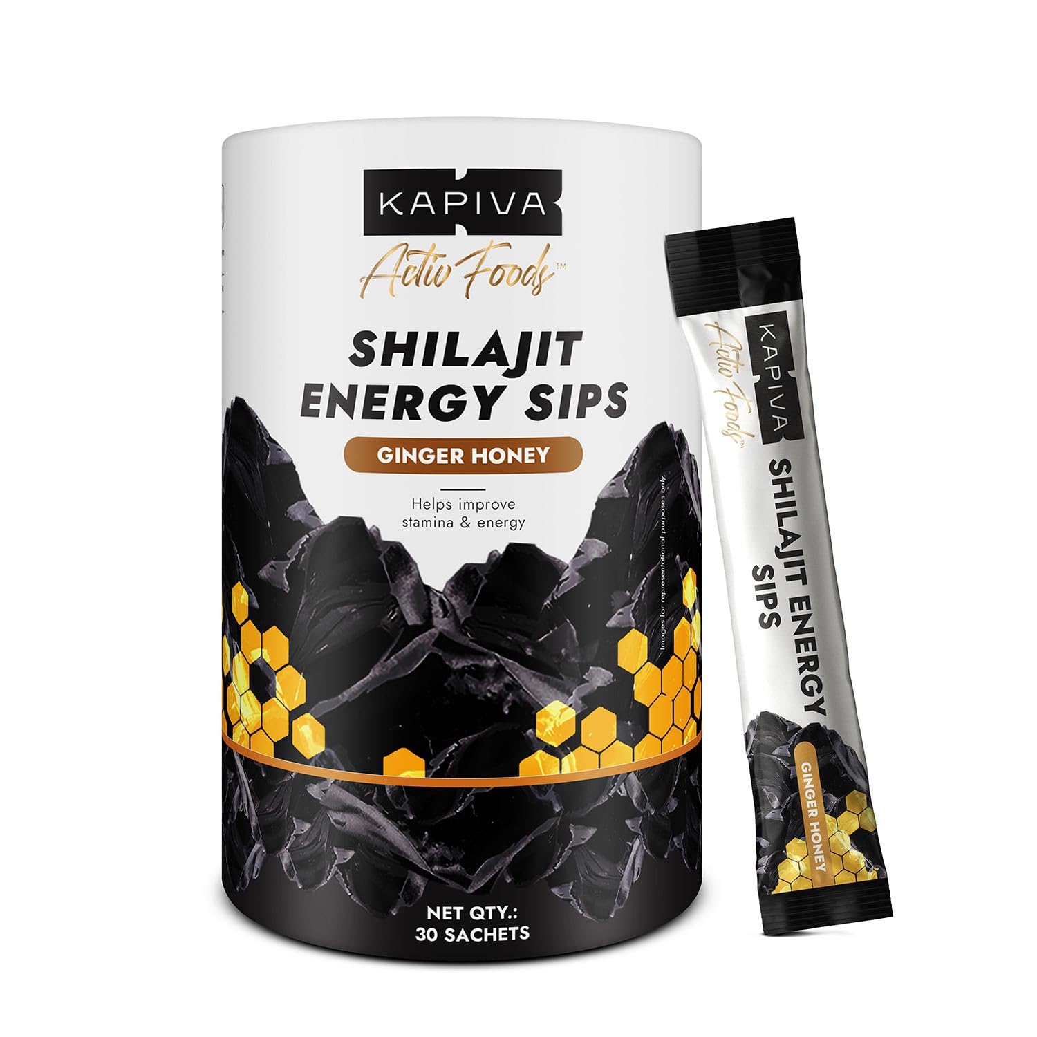 Front pack of Kapiva shilajit energy sips in sachets