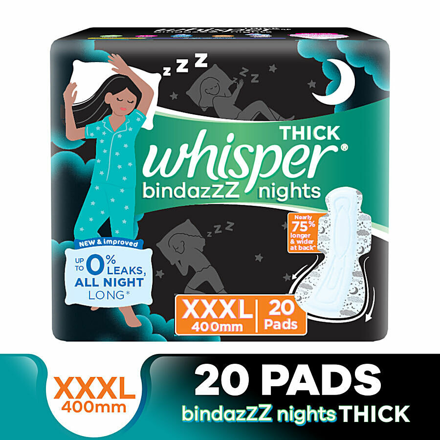 Whisper  Bindazzz Nights Sanitary Pads - Wider Back, Up To 0% Leak, Provides All Night Protection, XXXL 20 pcs