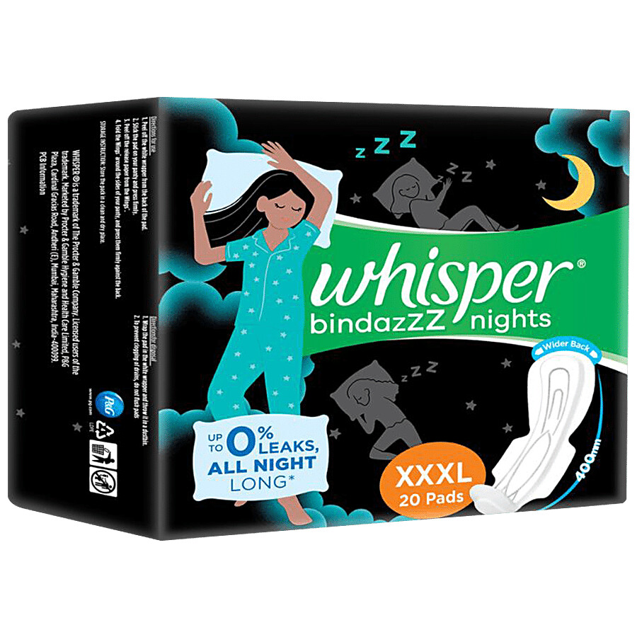 Whisper  Bindazzz Nights Sanitary Pads - Wider Back, Up To 0% Leak, Provides All Night Protection, XXXL 20 pcs – view 2