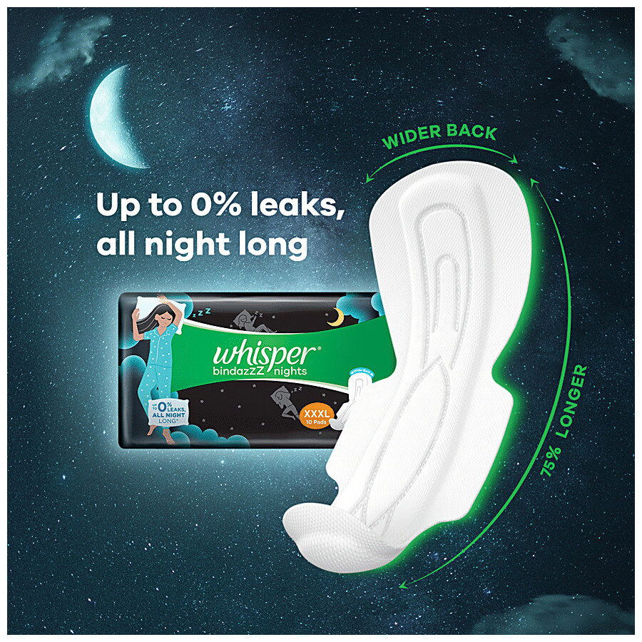 Whisper  Bindazzz Nights Sanitary Pads - Wider Back, Up To 0% Leak, Provides All Night Protection, XXXL 20 pcs – view 6