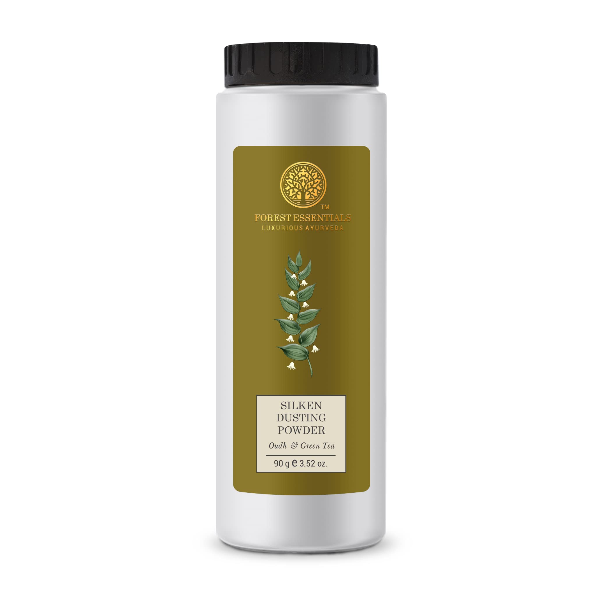 Talc-free Forest Essentials Oudh and Green Tea body powder bottle