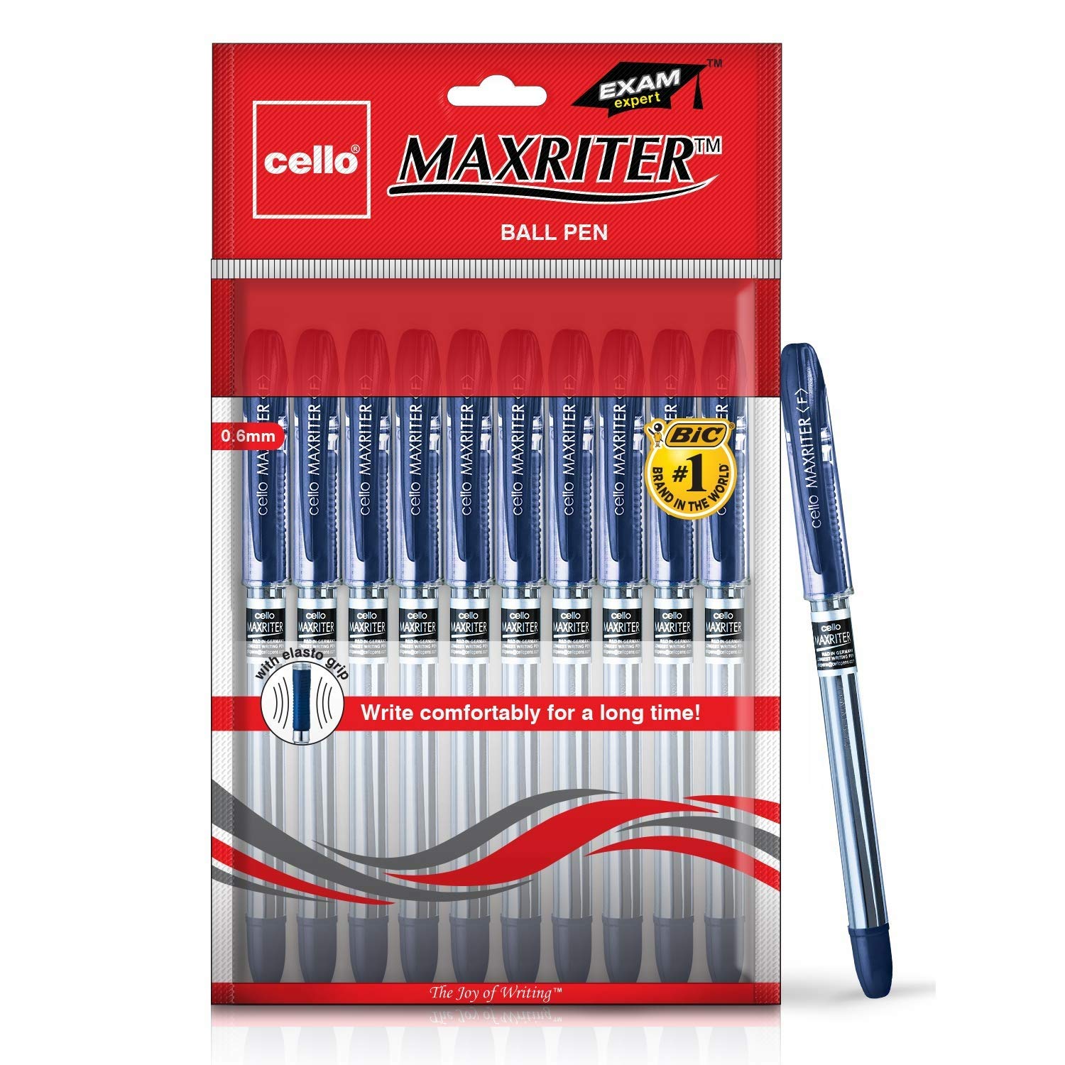 Ten Cello Maxriter blue ballpoint pens with cap and round body