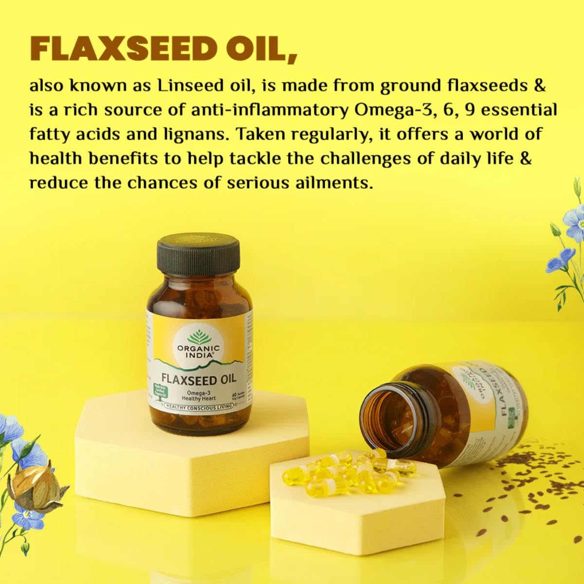 A TATA Product - Organic India Flaxseed Oil - 60 Veg Capsules, Natural Omega-3, Helps Reduce Cholesterol, Supports Healthy Skin, Hair & Nails, Joint Flexibility, GMP & NPOP Certified Organic – view 4