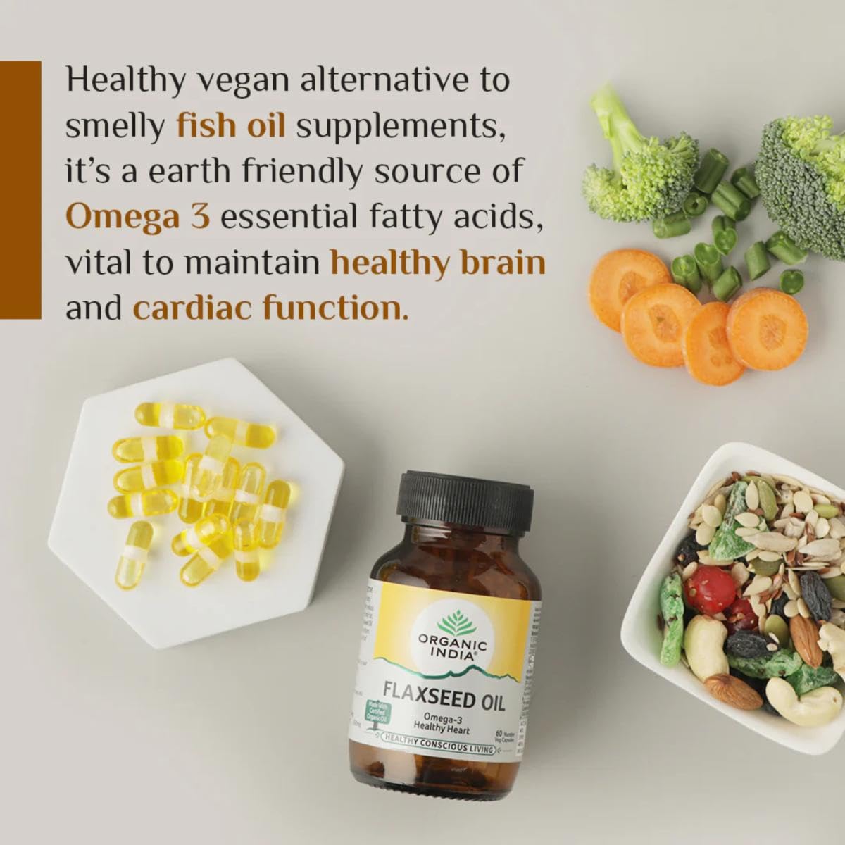 A TATA Product - Organic India Flaxseed Oil - 60 Veg Capsules, Natural Omega-3, Helps Reduce Cholesterol, Supports Healthy Skin, Hair & Nails, Joint Flexibility, GMP & NPOP Certified Organic – view 8