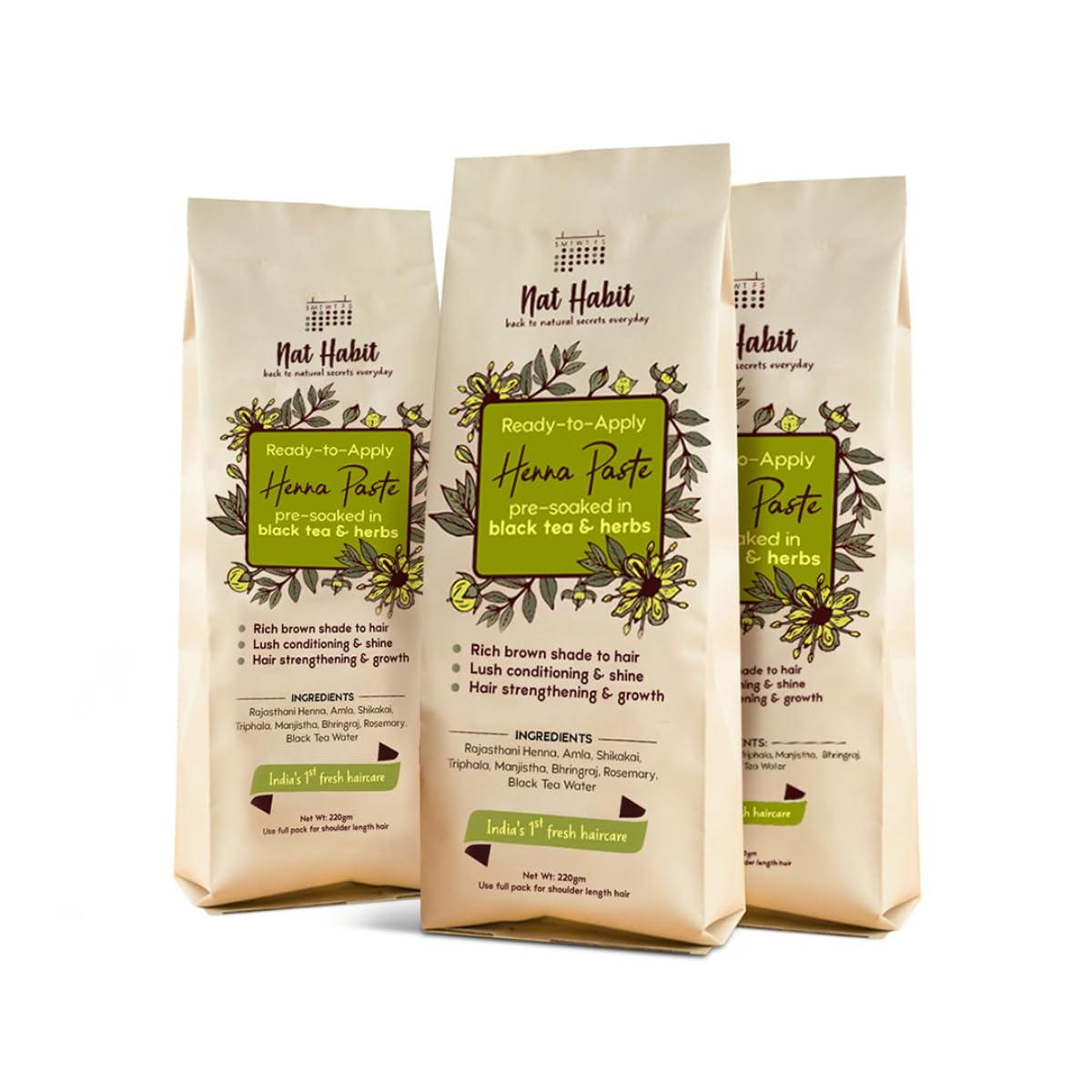 Three Nat Habit henna paste sachets with natural herb blend