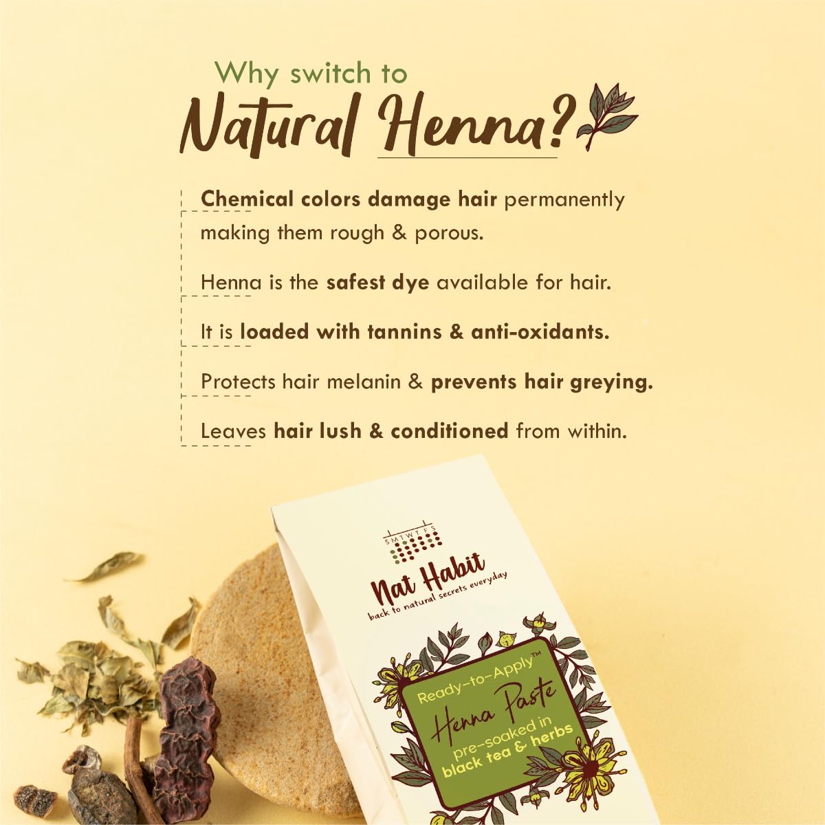 Nat Habit - Fresh Ready To Apply Henna Paste, Pre-Soaked in Black Tea and Herbs,100% Natural Rajasthani Henna, Imparts Rich Brown Shade (Pack of 3 x 220g) – view 5