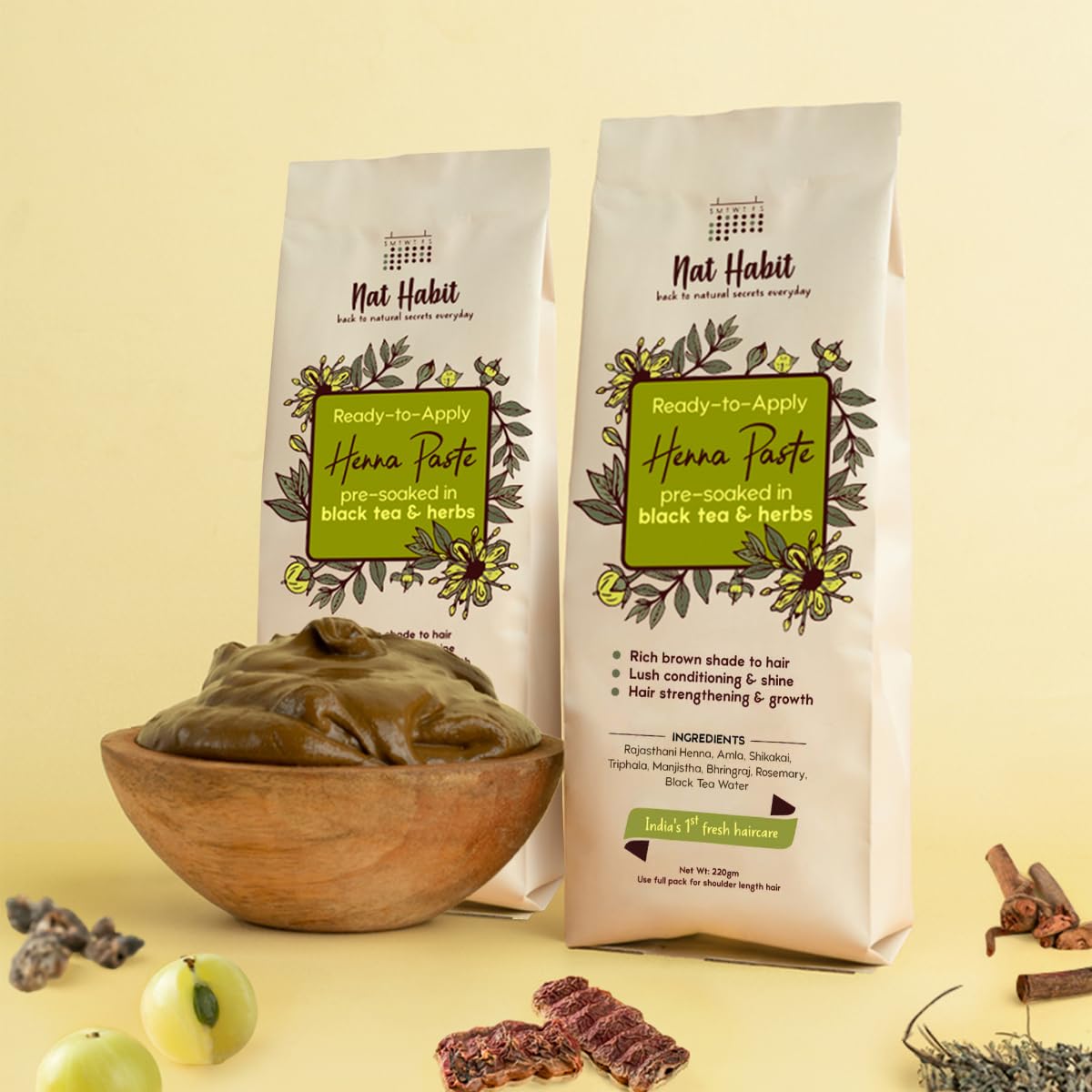 Nat Habit - Fresh Ready To Apply Henna Paste, Pre-Soaked in Black Tea and Herbs,100% Natural Rajasthani Henna, Imparts Rich Brown Shade (Pack of 3 x 220g) – view 6