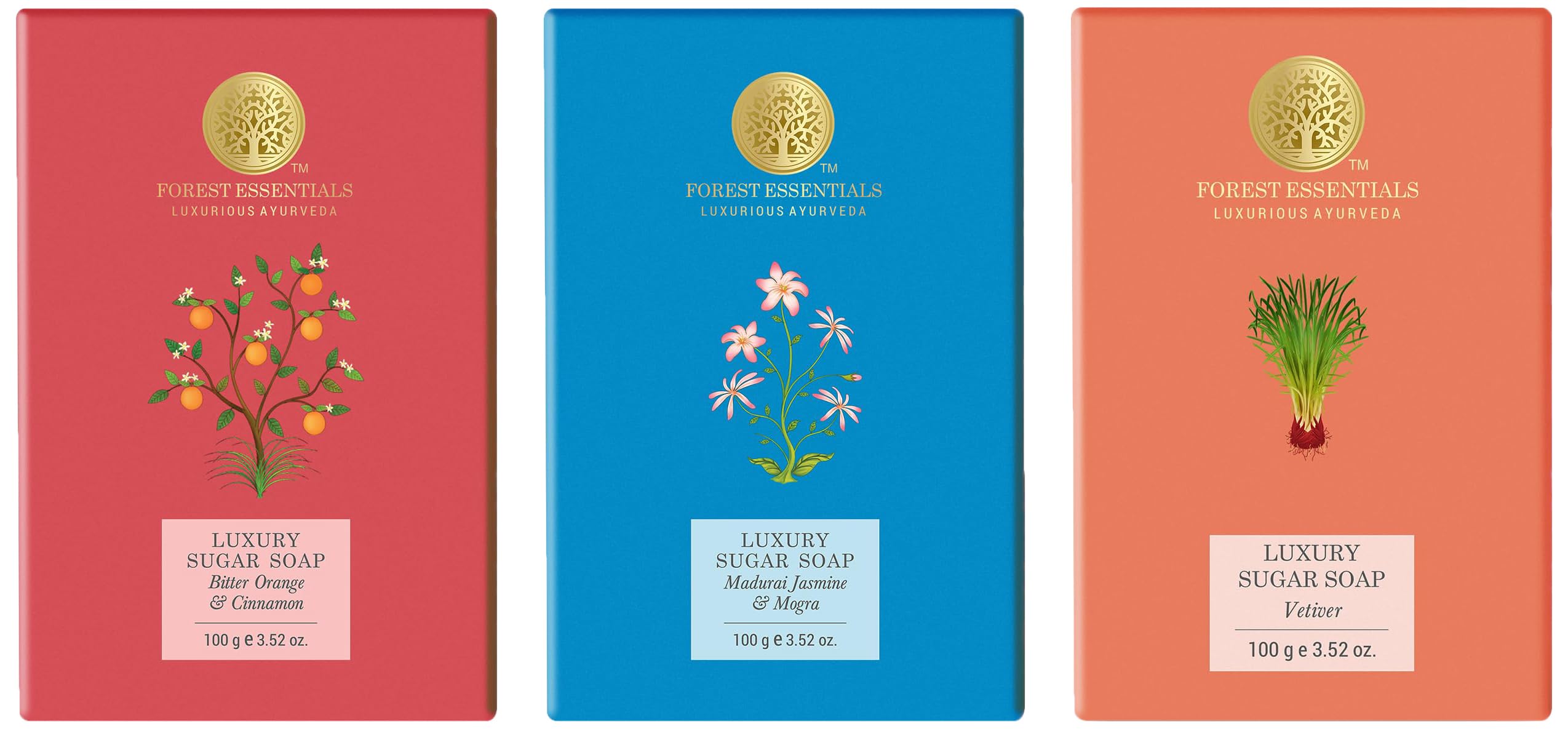 Boxed Forest Essentials Luxury Sugar Soap trio with three scents