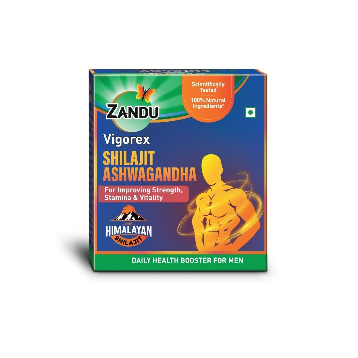 Zandu herbal capsule box with shilajit and ashwagandha labeling