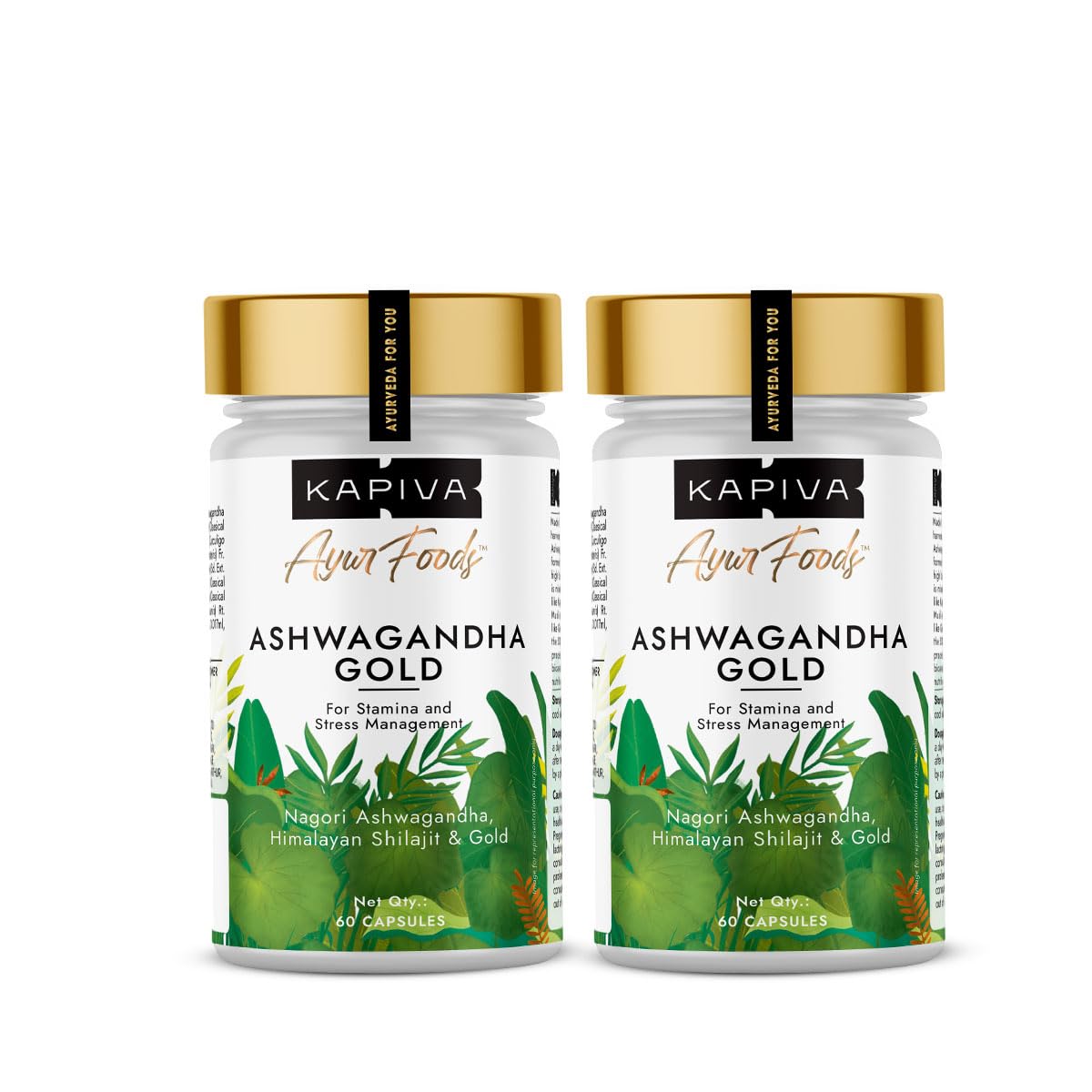 Kapiva Ashwagandha Gold Capsules, 183rd day harvested Potent Nagori Ashwagandha With Gold, Shilajit | Helps in Stress Management, Improve Energy and Stamina | For Men & Women (60 Capsules) - Pack of 2
