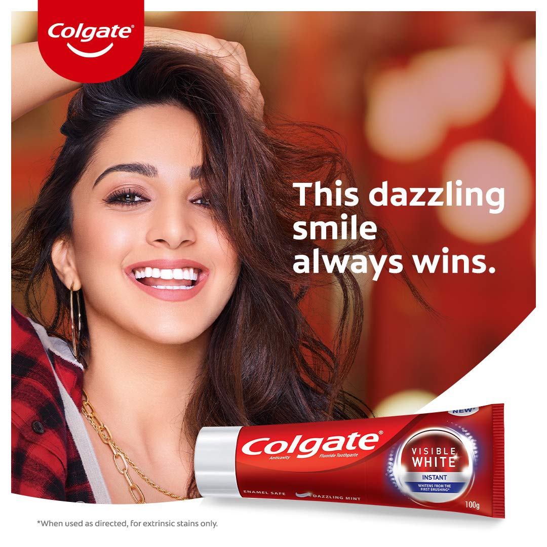 Colgate Visible White Instant teeth whitening Toothpaste, Pack of 400g (100g X 4), with Optic Brighteners for Instant White Teeth, Enamel Protection & Plaque Removal, Colgate Toothpaste with Dazzling Mint for Fresh Breath – view 7