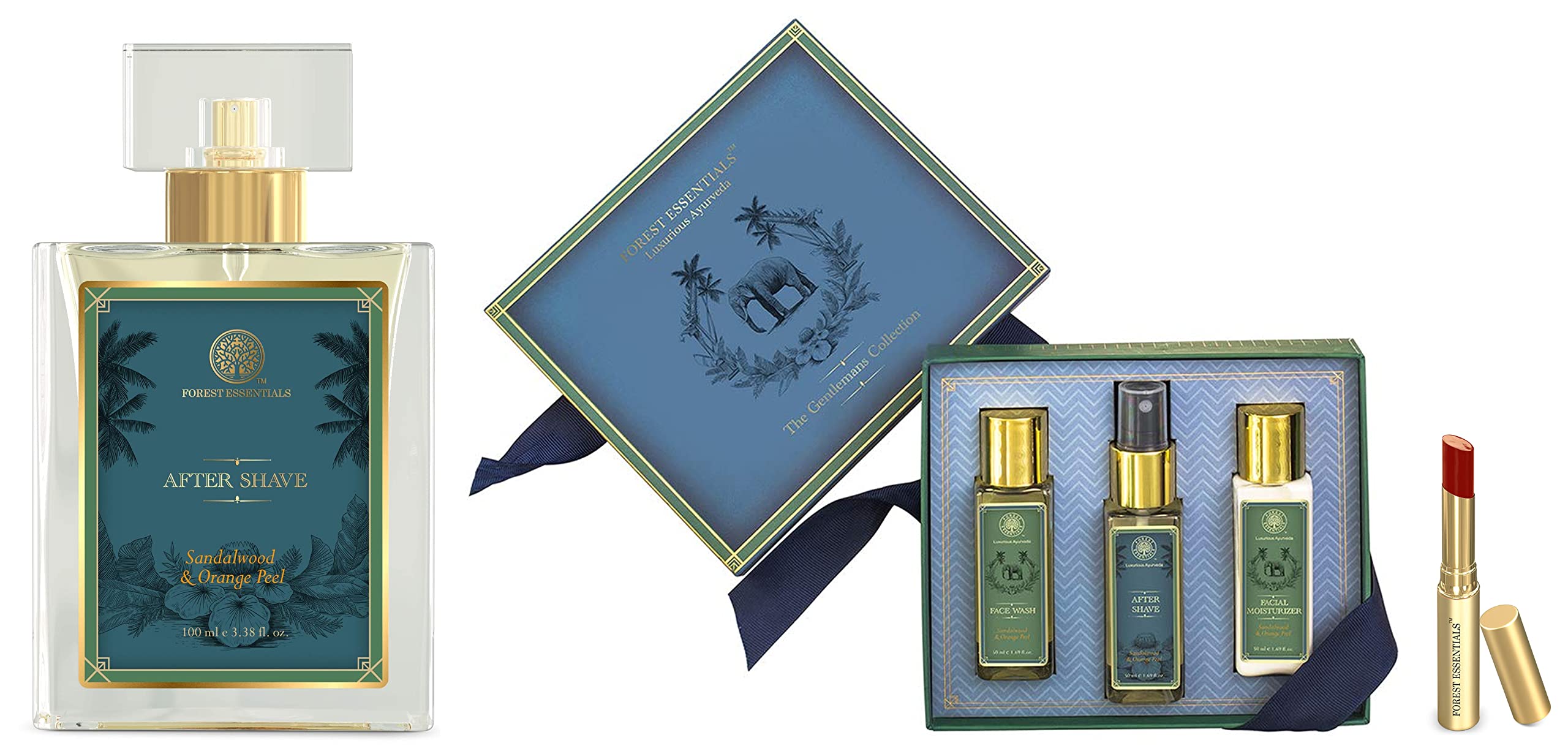 Forest Essentials Kit for Him, 150ml (Gift Box For Men) & Forest Essentials Tinted Lip Serum Madhu Rasa Anar Rasa 2.2g (Lipstick) & Forest Essentials After Shave Spray Sandalwood & Orange Peel 100ml