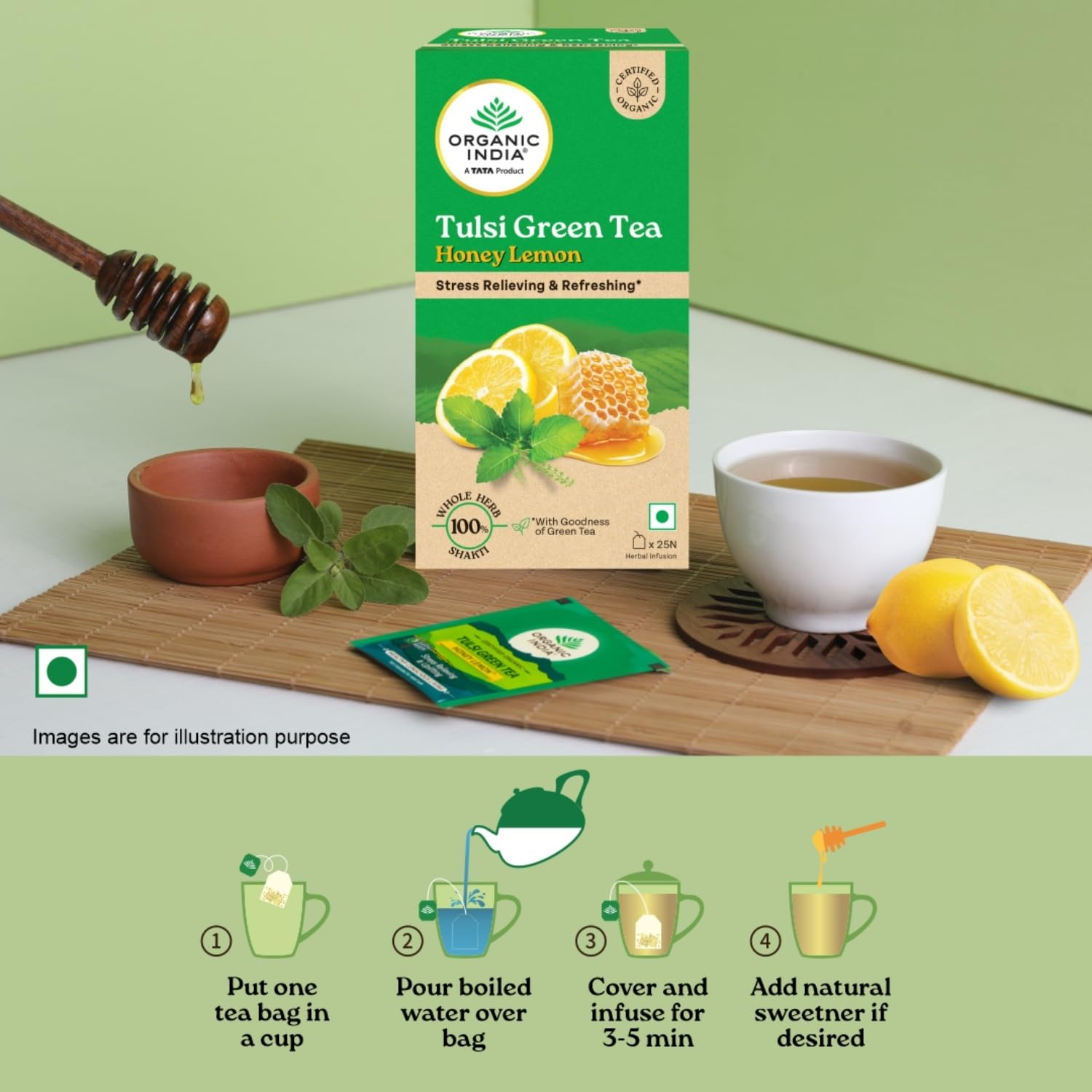 Organic India Tulsi Green Tea Honey Lemon 25 Teabags – view 5