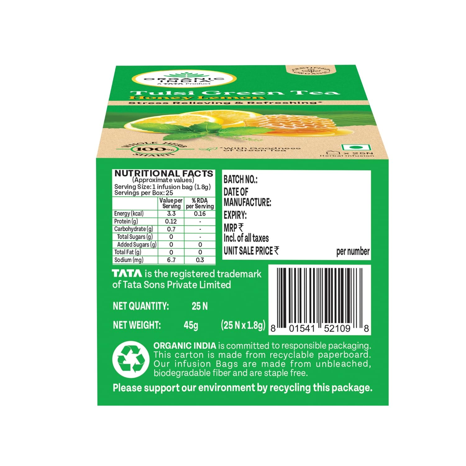Organic India Tulsi Green Tea Honey Lemon 25 Teabags – view 6