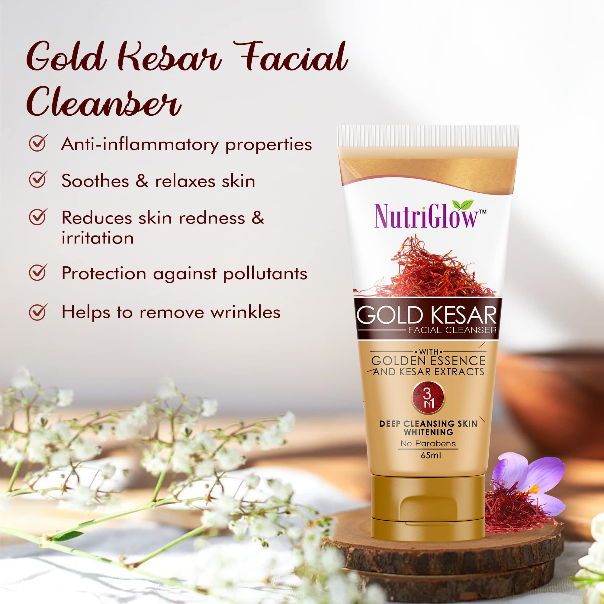 NutriGlow Gold kesar Face Wash For Deep Cleansing, Tan Removal, Skin Tightening Non Foaming Face Wash, All Skin Types, No Sulphate, 65 ml – view 3