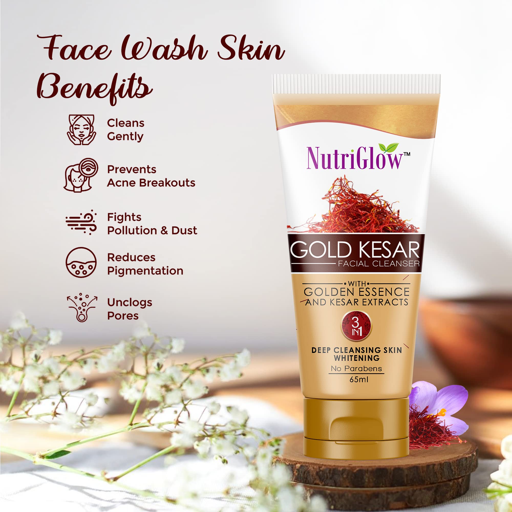 NutriGlow Gold kesar Face Wash For Deep Cleansing, Tan Removal, Skin Tightening Non Foaming Face Wash, All Skin Types, No Sulphate, 65 ml – view 4