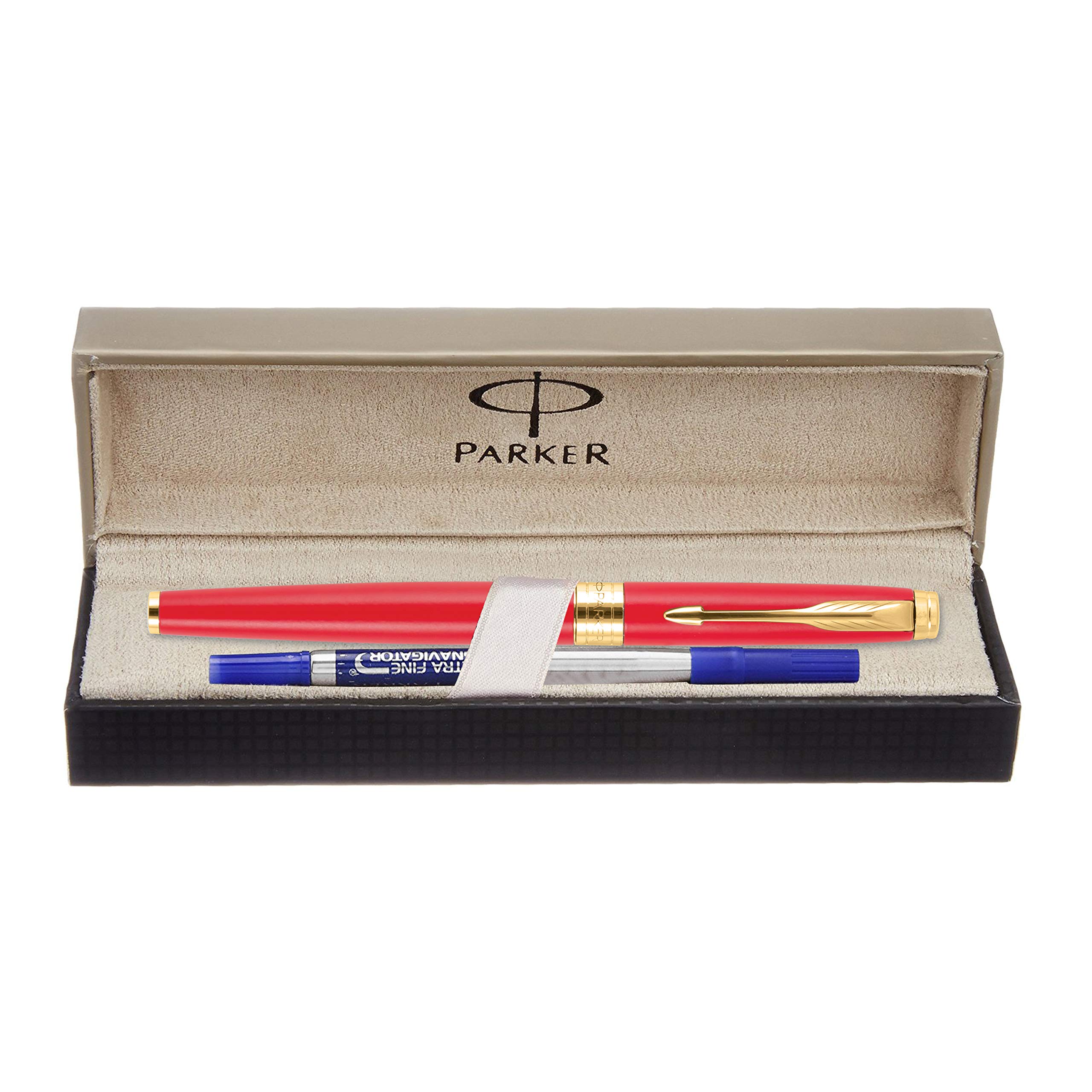 Matte red Parker Aster roller ball pen with gold accents
