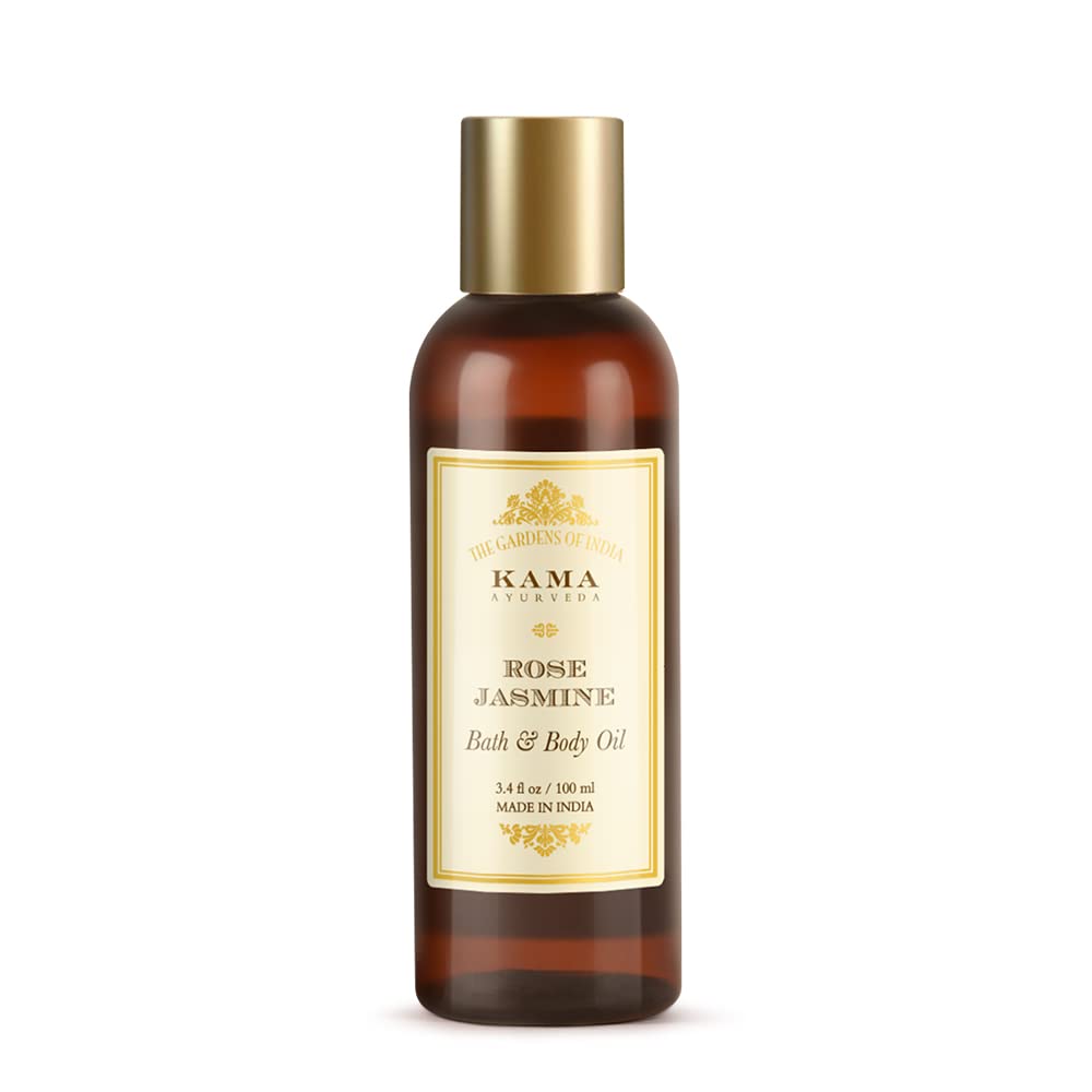 Front view of Rose and Jasmine Bath and Body Oil bottle