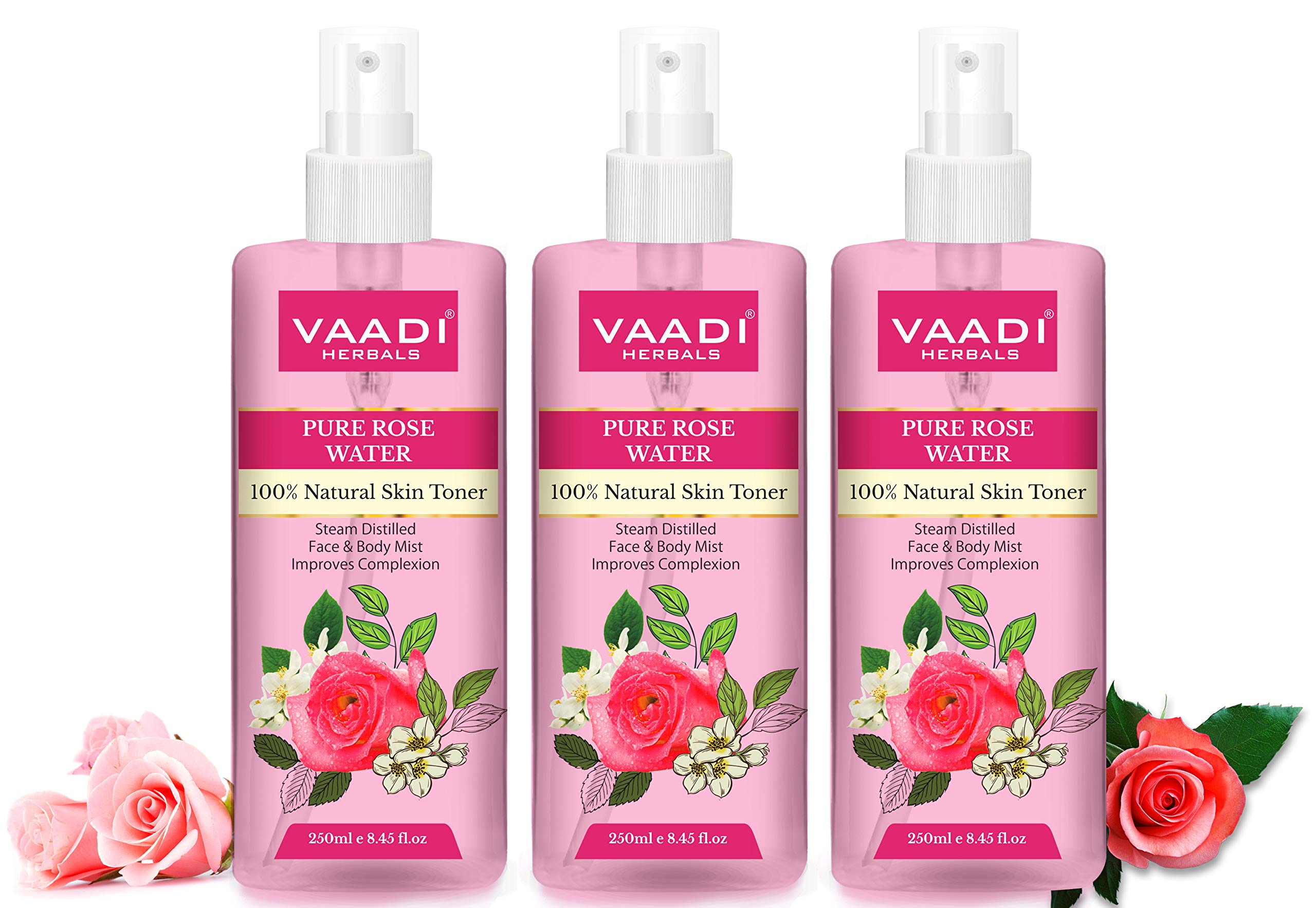 Three Vaadi Herbals natural rose water spray bottles