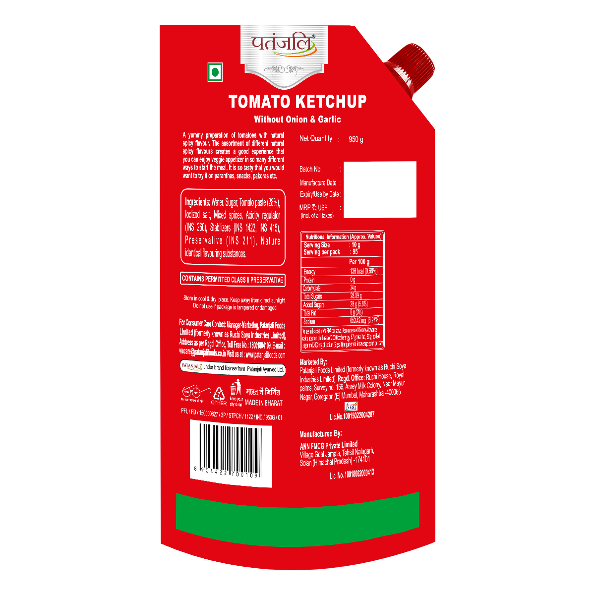 Patanjali Tomato Ketchup W o Onion Garlic 950 ml – view 2