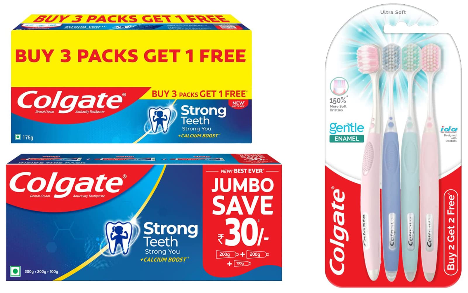 Colgate multicolor toothbrush pack with Strong Teeth toothpaste bundle