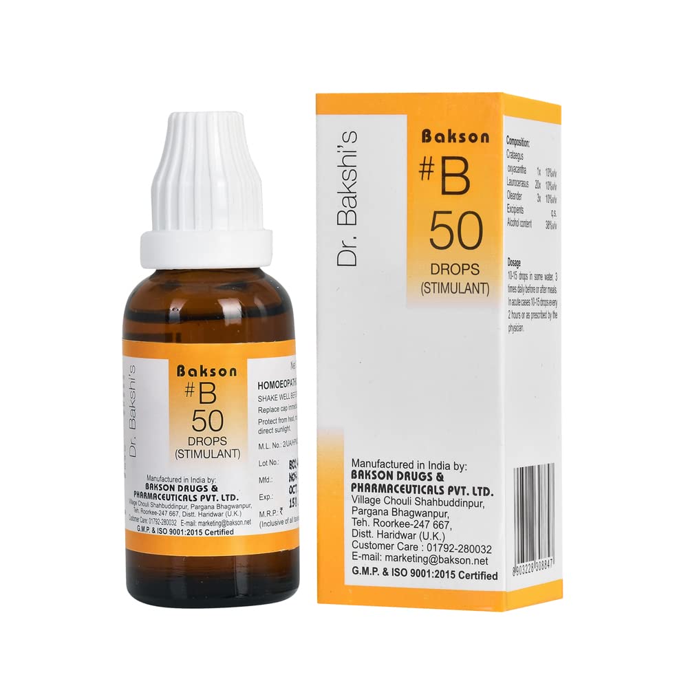 Front pack of Bakson's Homoeopathy B 50 Stimulant Drops 30 ml