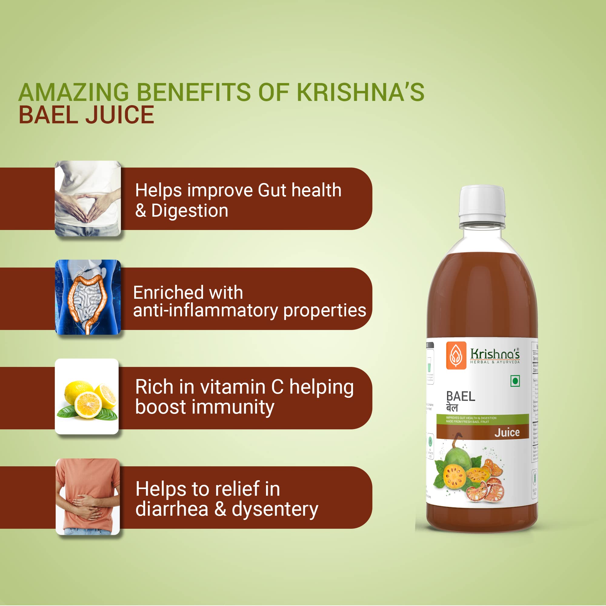 KRISHNA'S HERBAL & AYURVEDA Bael Juice -1000 Ml Concentrate Sugar Free Beal Juice For Healthy Gut Health, Bel Swaras With No Added Color Or Flavour – view 4