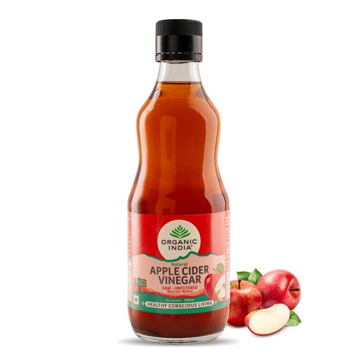 Front view of Organic India apple cider vinegar 500 ml bottle