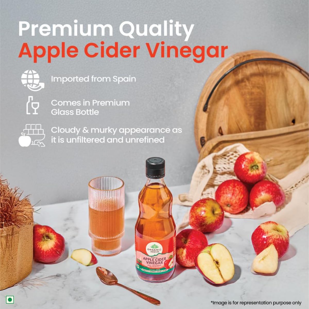 A TATA Product - Organic India Apple Cider Vinegar 250ml, With Mother of Vinegar, Raw & Unfiltered, Extracted from Spanish Red Apples, Lab Tested on 250+ Parameters (500 ml) – view 2