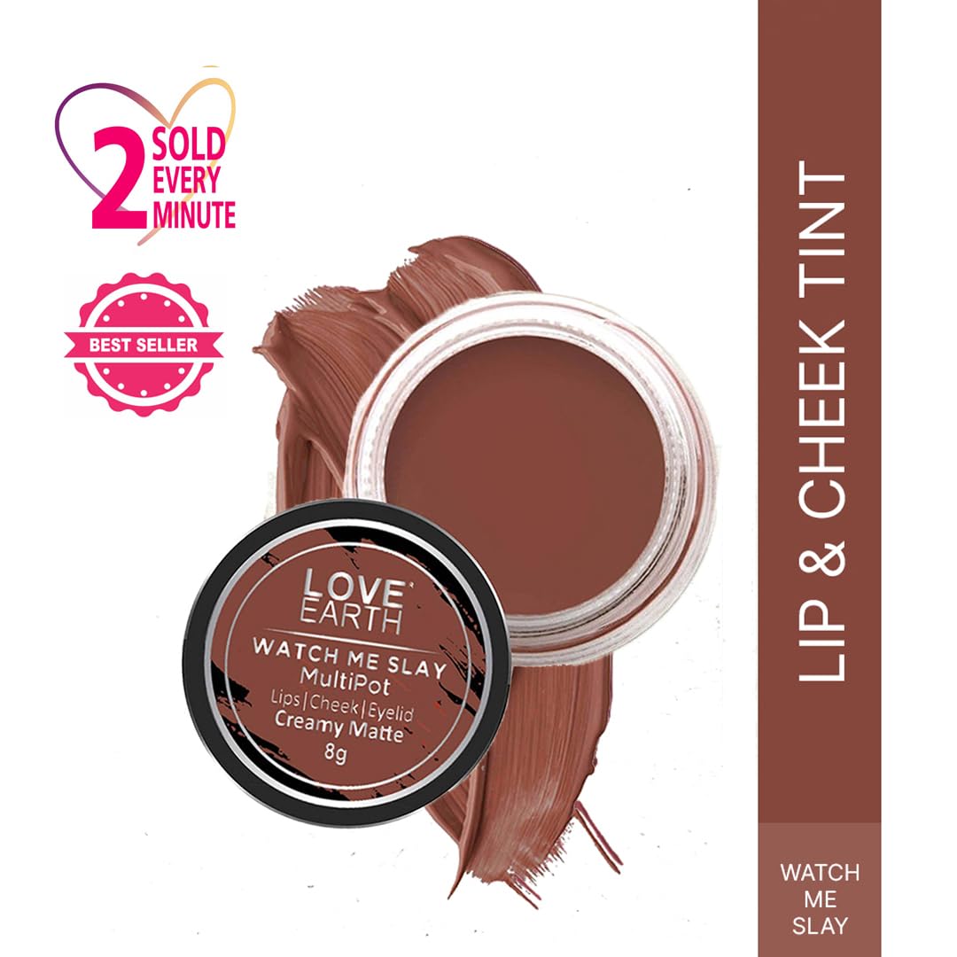 Love Earth Lip Tint & Cheek Tint Multipot-Watch Me Slay With Richness Of Essential Oils And Vitamin E For Lips, Eyelids & Cheeks, Matte Finish - Caramel Brown – view 2