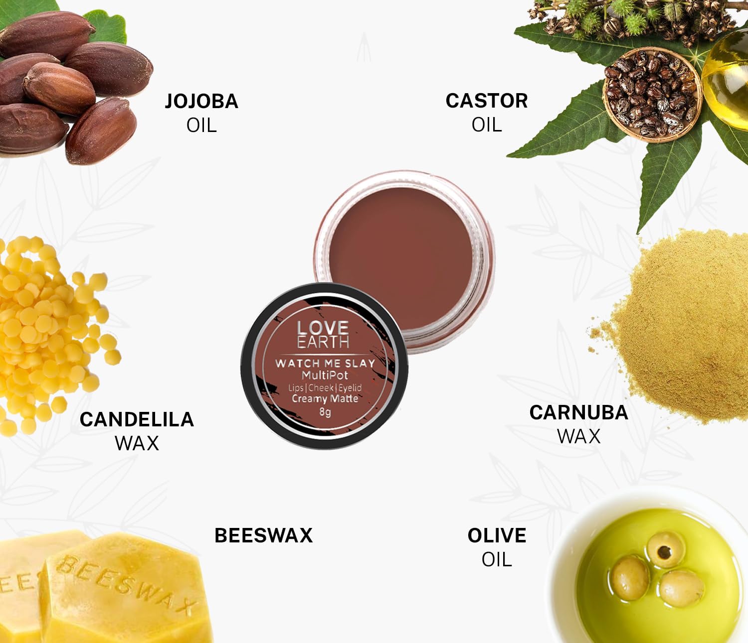 Love Earth Lip Tint & Cheek Tint Multipot-Watch Me Slay With Richness Of Essential Oils And Vitamin E For Lips, Eyelids & Cheeks, Matte Finish - Caramel Brown – view 4