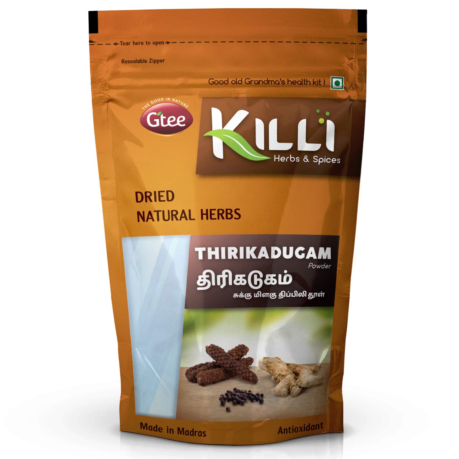 KILLI Thirikadugam Trikatu Churna powder in resealable 100 g pouch