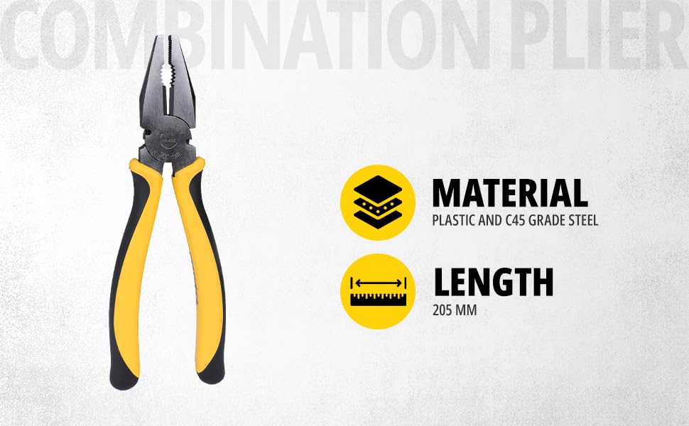 STANLEY 70-482 8'' Sturdy Steel Combination Plier with Anti-Rust properties for gripping, holding and cutting wires, YELLOW & BLACK – view 2