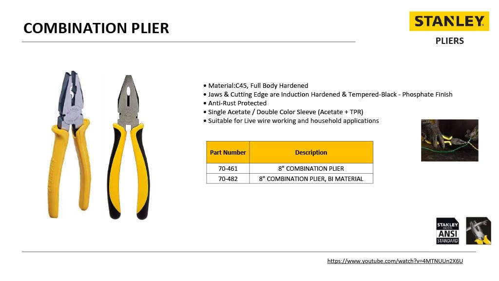 STANLEY 70-482 8'' Sturdy Steel Combination Plier with Anti-Rust properties for gripping, holding and cutting wires, YELLOW & BLACK – view 5