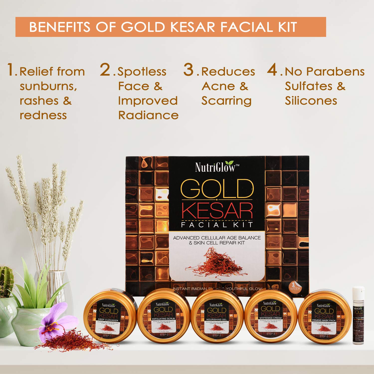 NutriGlow Gold Kesar Facial Kit (260 gm) & Bleach Cream (43gm) For Nourishing Skin, Lighten Facial Hair, Pack of 2 – view 4