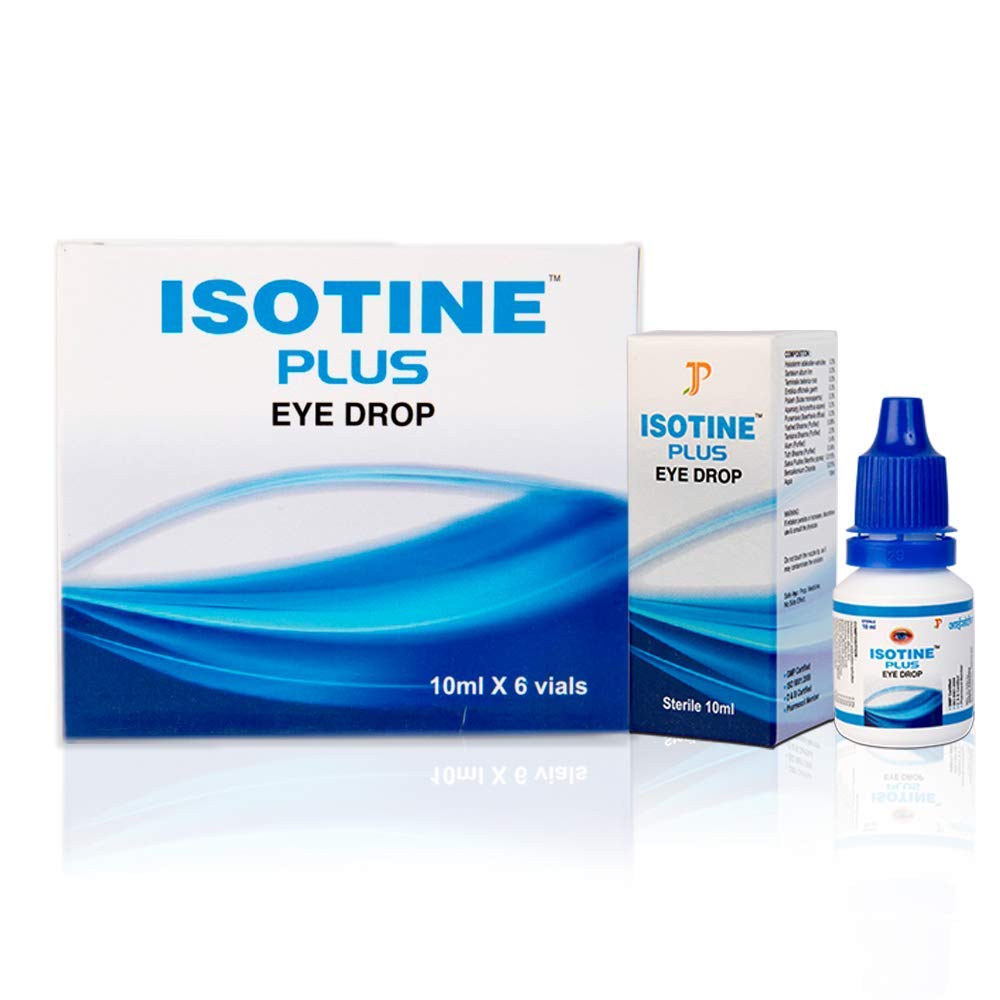 Isotine Plus eye drops pack showing six 10 ml bottles