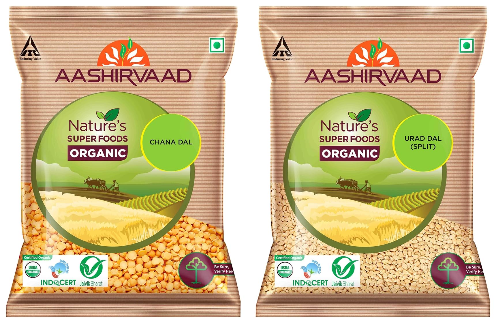Aashirvaad Organic Urad Dal Split, 1 Kg & Aashirvaad Nature's Super Foods Organic Chana Dal Pouch, 1 kg