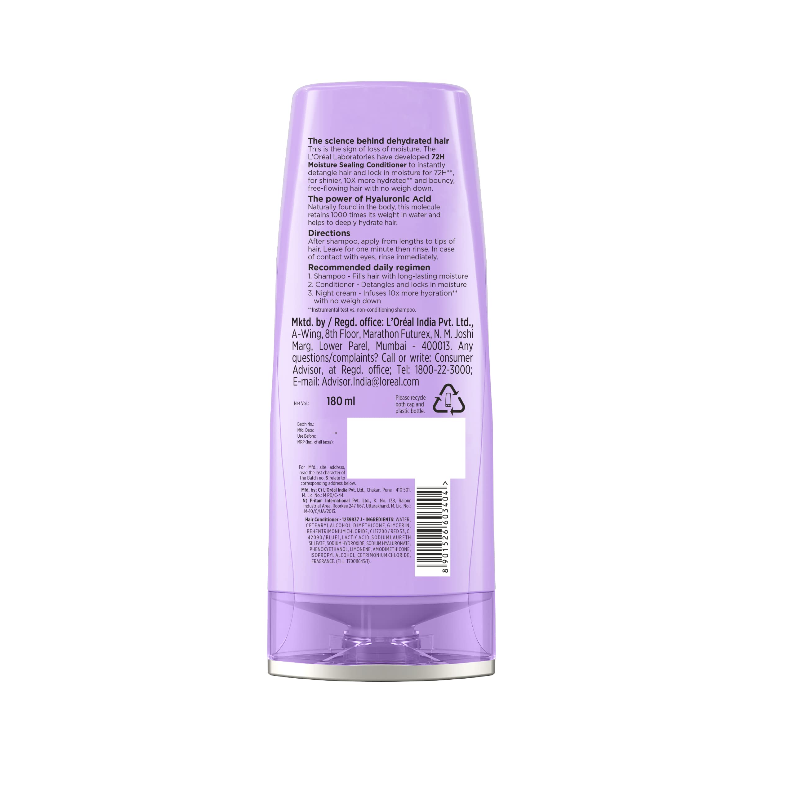 L'Oreal Paris Moisture Sealing Conditioner, With Hyaluronic Acid, For Dry & Dehydrated Hair, Adds Shine & Bounce, Hyaluron Moisture 72H, 180ml – view 7
