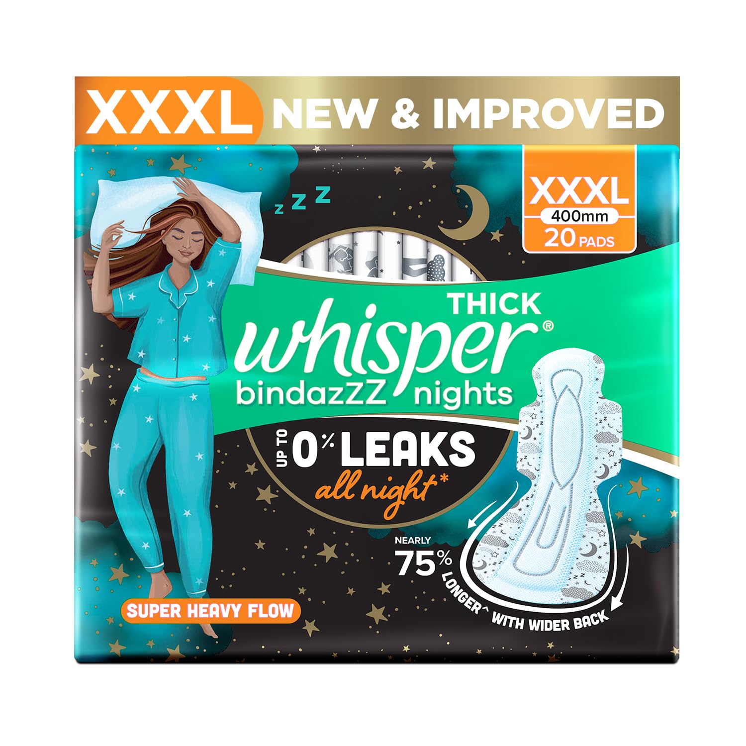 Whisper Bindazzz Nights 20 XXXL Sanitary Pads, Upto 0% Leaks All Night Long, For Super Heavy Flow, Nearly 75% Longer with Wider Back, Double hug wings keep pad in place , Disposable Wrapper