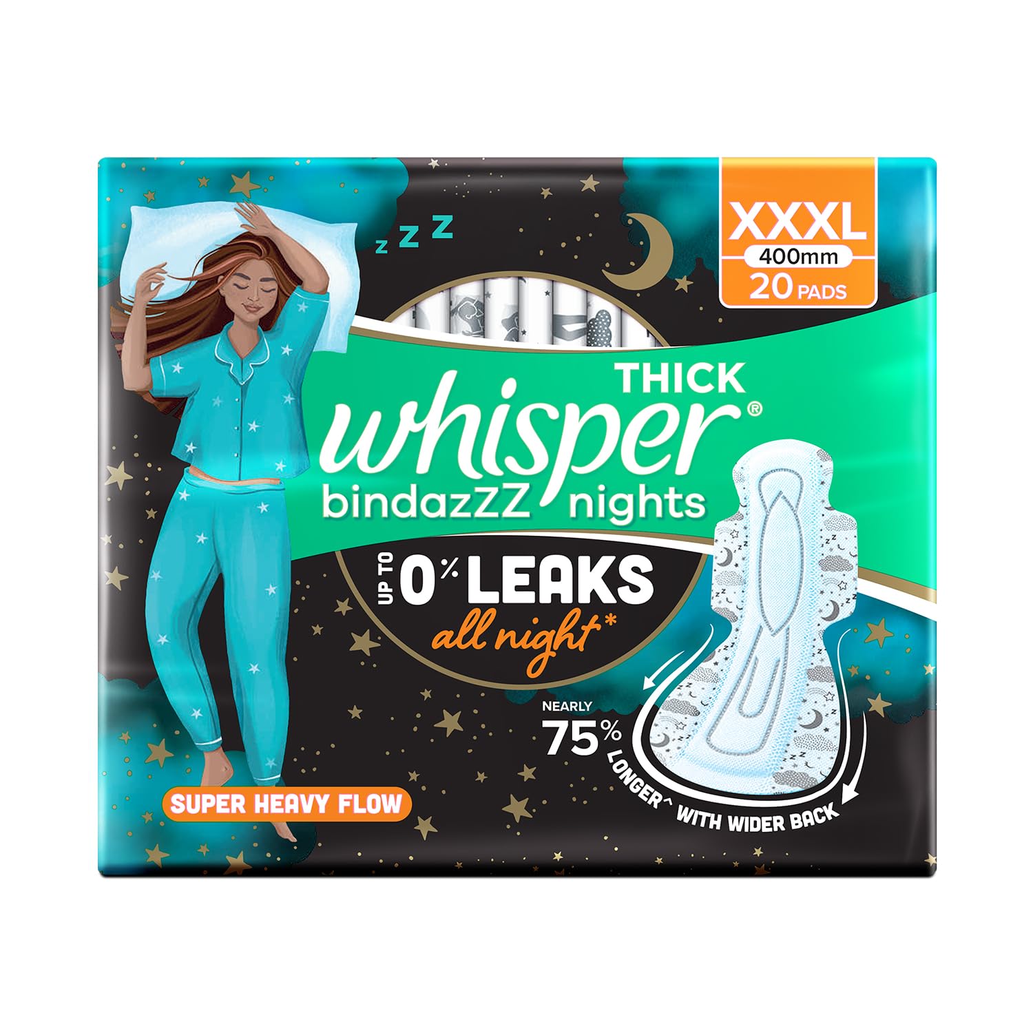 Whisper Bindazzz Nights 20 XXXL Sanitary Pads, Upto 0% Leaks All Night Long, For Super Heavy Flow, Nearly 75% Longer with Wider Back, Double hug wings keep pad in place , Disposable Wrapper – view 8