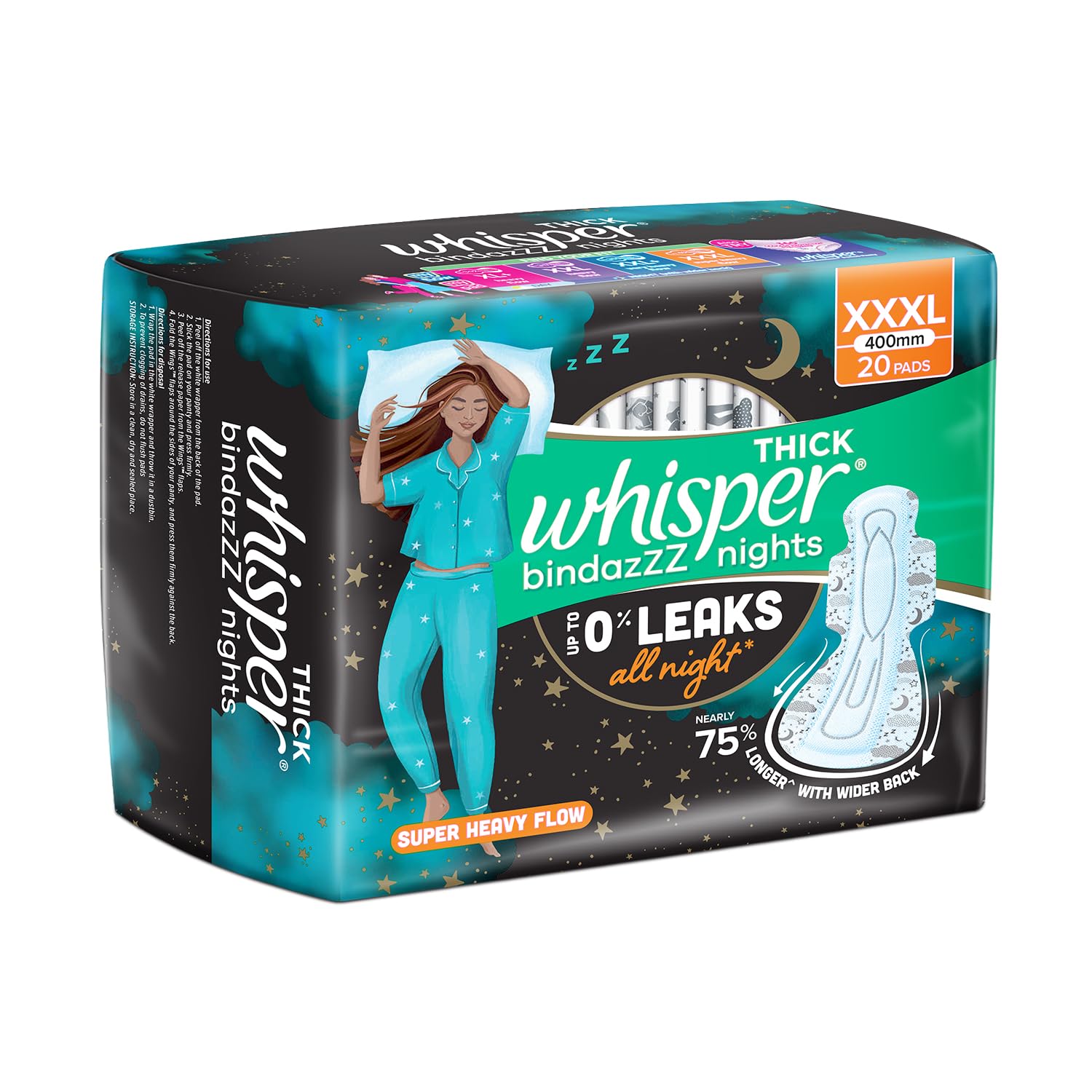 Whisper Bindazzz Nights 20 XXXL Sanitary Pads, Upto 0% Leaks All Night Long, For Super Heavy Flow, Nearly 75% Longer with Wider Back, Double hug wings keep pad in place , Disposable Wrapper – view 9