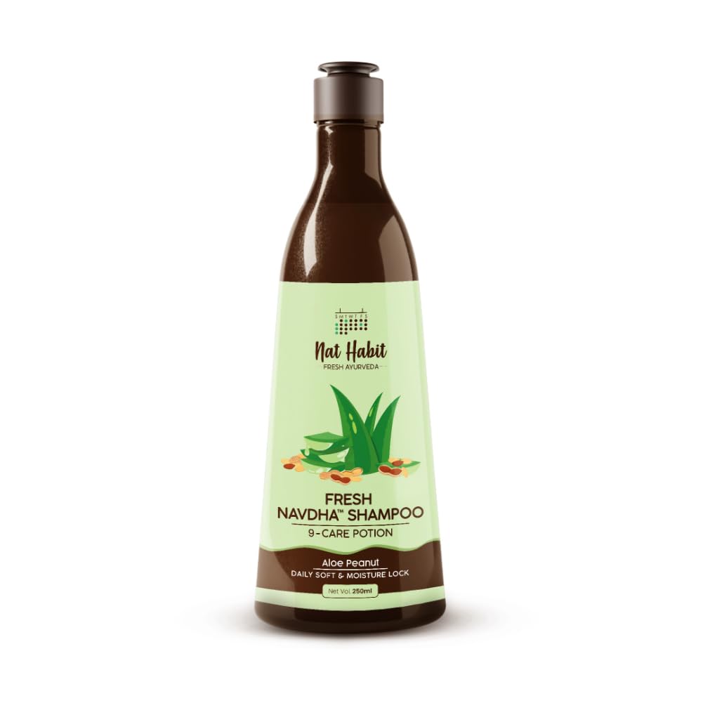 Front view of Nat Habit Aloe Peanut Navdha Shampoo bottle