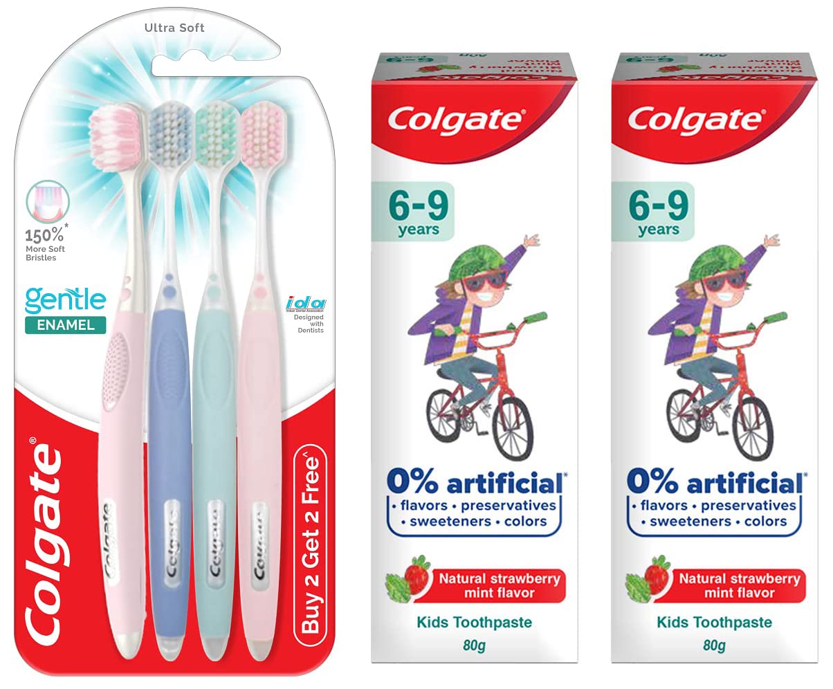 Colgate strawberry mint kids toothpaste and gentle enamel toothbrush set