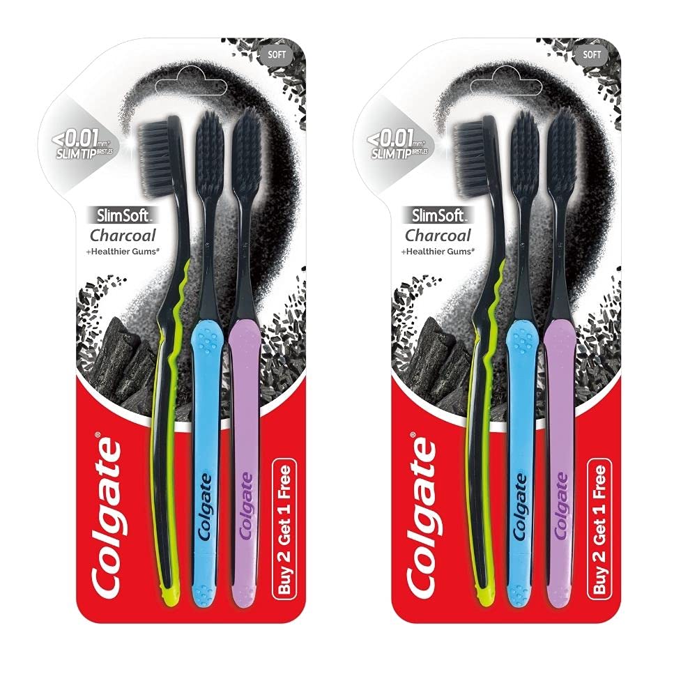 Colgate Slim Soft Charcoal toothbrush pack in lime green blue and purple