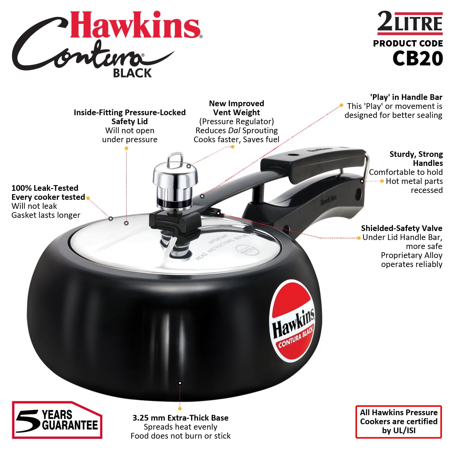 Hawkins 2 Litre Contura Black Pressure Cooker, Hard Anodised Inner Lid Cooker, Handi Cooker, Small Cooker, Black (CB20) – view 8