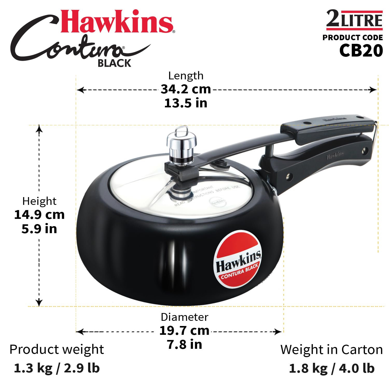 Hawkins 2 Litre Contura Black Pressure Cooker, Hard Anodised Inner Lid Cooker, Handi Cooker, Small Cooker, Black (CB20) – view 9